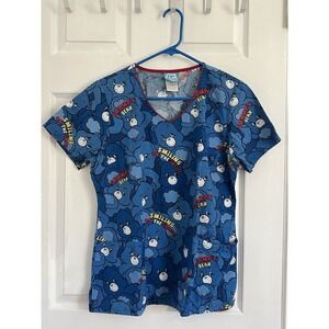 Care‎ Bears Grumpy Bear Scrub Top Womens M Blue Cartoon Nurse Medical V-Neck Y2K